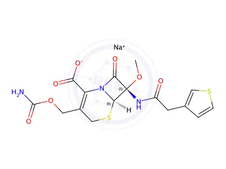 Chemical structure of sodium (6R,7S)-3-((carbamoyloxy)methyl)-7-methoxy-8-oxo-7-(2-(thiophen-3-yl)acetamido)-5-thia-1-azabicyclo[4.2.0]oct-2-ene-2-carboxylate