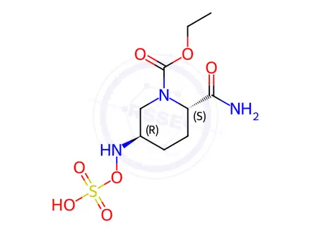 Chemical structure of ((((3R,6S)-6-carbamoyl-1-(ethoxycarbonyl)piperidin-3-yl)amino)oxy)sulfonic acid