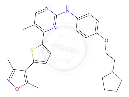 Chemical structure of 2-PyriMidinaMine, 4-[5-(3,5-diMethyl-4-isoxazolyl)-2-thienyl]-5-Methyl-N-[4-[2-(1-pyrrolidinyl)ethoxy]phenyl]-
