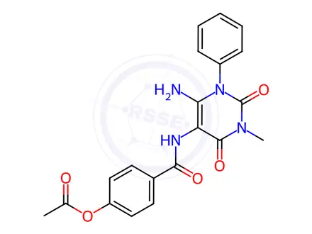 Chemical structure of 4-((6-Amino-3-methyl-2,4-dioxo-1-phenyl-1,2,3,4-tetrahydropyrimidin-5-yl)carbamoyl)phenyl acetate