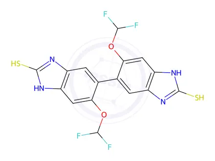 Chemical structure of 6,6`-bis(difluoromethoxy)-1H,1`H-[5,5`-bibenzo[d]imidazole]-2,2`-dithiol