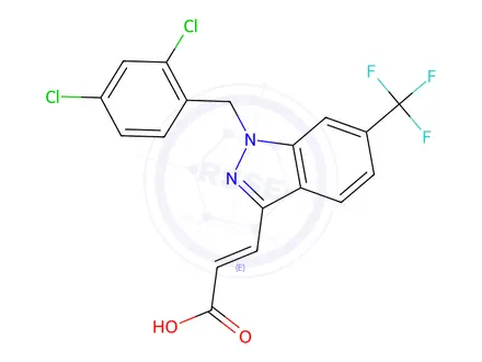 Chemical structure of (E)-3-(1-(2,4-Dichlorobenzyl)-6-(trifluoromethyl)-1H-indazol-3-yl)acrylic acid