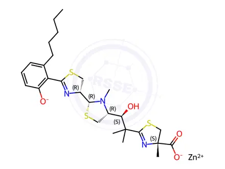 Chemical structure of Zinc, [(4S)-2-[(2S)-2-[(2R,4R)-2-[(4R)-4,5-dihydro-2-[2-(hydroxy-κO)-6-pentylphenyl]-4-thiazolyl-κN3]-3-methyl-4-thiazolidinyl-κN3]-2-(hydroxy-κO)-1,1-dimethylethyl]-4,5-dihydro-4-methyl-4-thiazolecarboxylato(2-)-κN3,κO4]-, (OC-6-26-A)-(9CI)