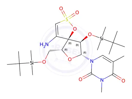 Chemical structure of 1-(2',5'-bis-O-(tert-butyldimethylsilylribofuranosyl)-3-N-methylthymine)-3'-spiro-5''-(4''-amino-1'',2''-oxathiole-2'',2''-dioxide)