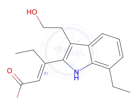 Chemical structure of 3-(7-Ethyl-3-(2-hydroxyethyl)-1H-indol-2-yl)pent-2-enoic Acid