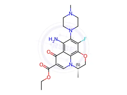 Chemical structure of Ethyl (S)-8-amino-10-fluoro-3-methyl-9-(4-methylpiperazin-1-yl)-7-oxo-2,3-dihydro-7H-[1,4]oxazino[2,3,4-ij]quinoline-6-carboxylate