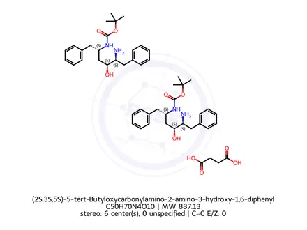 Chemical structure of (2S,3S,5S)-5-tert-Butyloxycarbonylamino-2-amino-3-hydroxy-1,6-diphenylhexane succinate