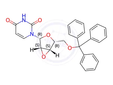 Chemical structure of 1-((1S,2R,4R,5S)-4-((Trityloxy)methyl)-3,6-dioxabicyclo[3.1.0]hexan-2-yl)pyrimidine-2,4(1H,3H)-dione