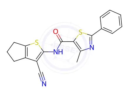 Chemical structure of N-(3-cyano-5,6-dihydro-4H-cyclopenta[b]thiophen-2-yl)-4-methyl-2-phenylthiazole-5-carboxamide