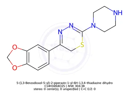 Chemical structure of 5-(1,3-Benzodioxol-5-yl)-2-piperazin-1-yl-6H-1,3,4-thiadiazine dihydrochloride