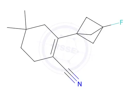 Chemical structure of 2-(3-Fluorobicyclo[1.1.1]Pentan-1-yl)-4,4-dimethylcyclohex-1-ene-1-carbonitrile