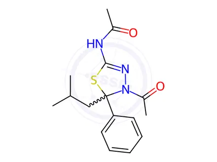 Chemical structure of N-(4-acetyl-5-isobutyl-5-phenyl-4,5-dihydro-1,3,4-thiadiazol-2-yl)acetamide