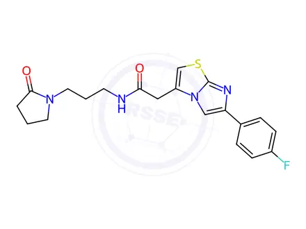 Chemical structure of 2-[6-(4-fluorophenyl)imidazo[2,1-b][1,3]thiazol-3-yl]-N-[3-(2-oxopyrrolidin-1-yl)propyl]acetamide