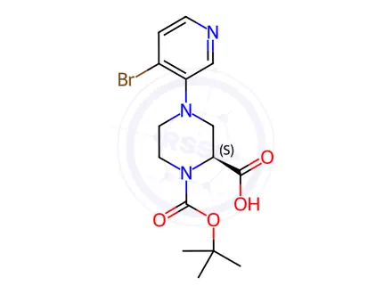 Chemical structure of (S)-4-(4-Bromopyridin-3-yl)-1-(tert-butoxycarbonyl)-piperazine-2-carboxylic acid