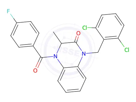 Chemical structure of 1-[(2,6-Dichlorophenyl)methyl]-4-(4-fluorobenzoyl)-3-methyl-1,2,3,4-tetrahydroquinoxalin-2-one