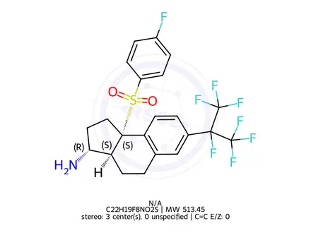 Chemical structure of (3R,3aS,9bS)-9b-((4-Fluorophenyl)sulfonyl)-7-(perfluoropropan-2-yl)-2,3,3a,4,5,9b-hexahydro-1H-cyclopenta[a]naphthalen-3-amine