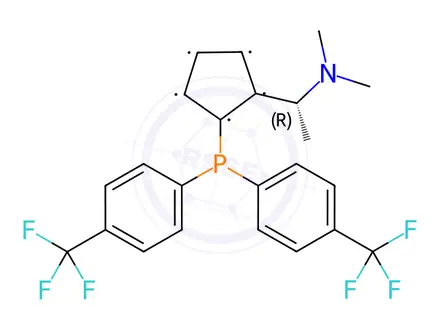 Chemical structure of Ferrocene, 1-[bis[4-(trifluoromethyl)phenyl]phosphino]-2-[(1R)-1-(dimethylamino)ethyl]-, (1R)-
