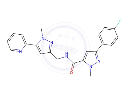 Chemical structure of 3-(4-Fluorophenyl)-1-methyl-N-((1-methyl-5-(pyridin-2-yl)-1H-pyrazol-3-yl)methyl)-1H-pyrazole-5-carboxamide