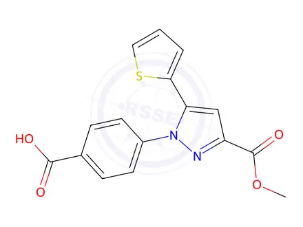 Chemical structure of 1-(4-Carboxyphenyl)-5-thiophen-2-yl-1H-pyrazole-3-carboxylic acid methyl ester