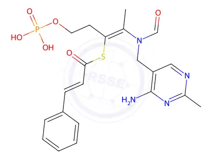 Chemical structure of S-(2-(N-((4-Amino-2-methylpyrimidin-5-yl)methyl)formamido)-5-(phosphonooxy)pent-2-en-3-yl) 3-phenylprop-2-enethioate