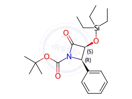 Chemical structure of 1-Azetidinecarboxylic acid, 2-oxo-4-phenyl-3-[(triethylsilyl)oxy]-, 1,1-dimethylethyl ester, (3S,4R)-