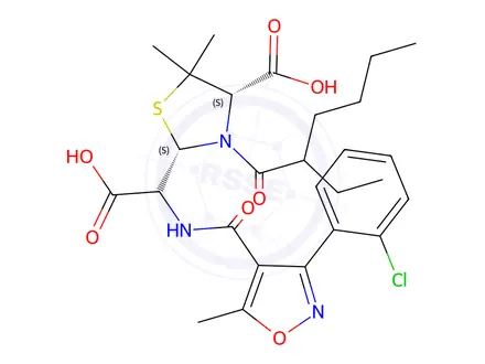 Chemical structure of (2S,4S)-2-(carboxy(3-(2-chlorophenyl)-5-methylisoxazole-4-carboxamido)methyl)-3-(2-ethylhexanoyl)-5,5-dimethylthiazolidine-4-carboxylic acid
