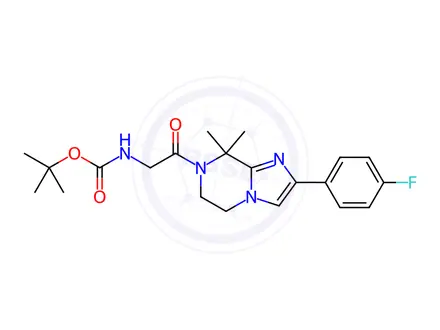 Chemical structure of tert-butyl (2-(2-(4-fluorophenyl)-8,8-dimethyl-5,6-dihydroimidazo[1,2-a]pyrazin-7(8H)-yl)-2-oxoethyl)carbamate