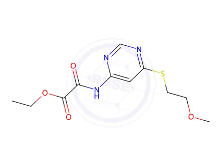 Chemical structure of Ethyl 2-((6-((2-methoxyethyl)thio)pyrimidin-4-yl)amino)-2-oxoacetate