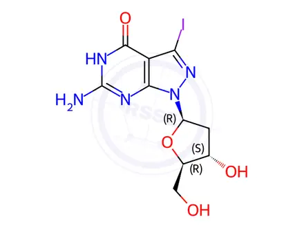 Chemical structure of 6-Amino-1-((2R,4S,5R)-4-hydroxy-5-(hydroxymethyl)tetrahydrofuran-2-yl)-3-iodo-1,7-dihydro-4H-pyrazolo[3,4-d]pyrimidin-4-one
