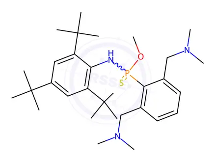 Chemical structure of O-Methyl P-(2,6-bis((dimethylamino)methyl)phenyl)-N-(2,4,6-tri-tert-butylphenyl)phosphonamidothioate