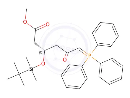 Chemical structure of Methyl (S)-3-((tert-butyldimethylsilyl)oxy)-5-oxo-6-(triphenyl-L5-phosphanylidene)hexanoate