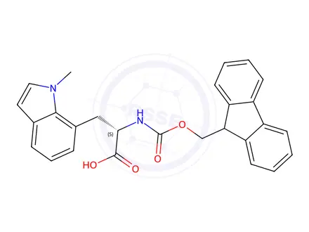 Chemical structure of (S)-2-((((9H-fluoren-9-yl)methoxy)carbonyl)amino)-3-(1-methyl-1H-indol-7-yl)propanoic acid