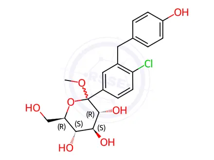 Chemical structure of (3R,4S,5S,6R)-2-(4-Chloro-3-(4-hydroxybenzyl)phenyl)-6-(hydroxymethyl)-2-methoxytetrahydro-2H-pyran-3,4,5-triol