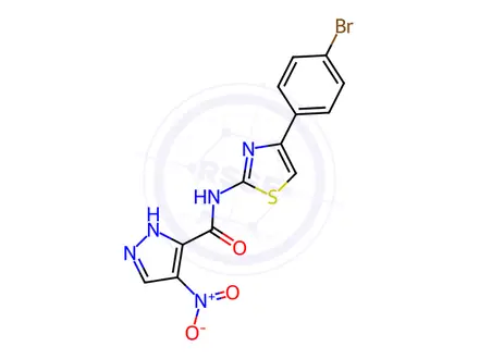 Chemical structure of N-[4-(4-bromophenyl)-1,3-thiazol-2-yl]-4-nitro-1H-pyrazole-5-carboxamide