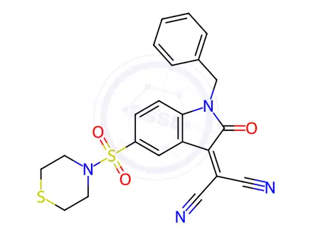 Chemical structure of 2-[(1-Benzyl-2-oxo-5-(thiomorpholinosulfonyl)indolin-3-ylidene]malononitrile