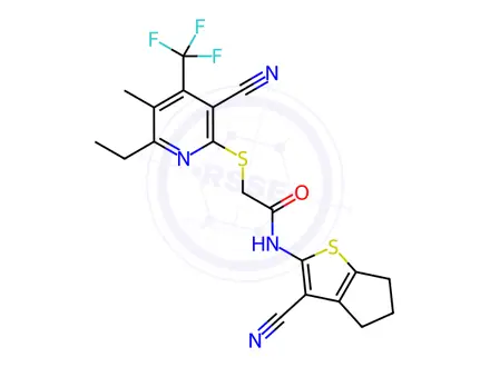 Chemical structure of N-(3-cyano-5,6-dihydro-4H-cyclopenta[b]thiophen-2-yl)-2-((3-cyano-6-ethyl-5-methyl-4-(trifluoromethyl)pyridin-2-yl)thio)acetamide