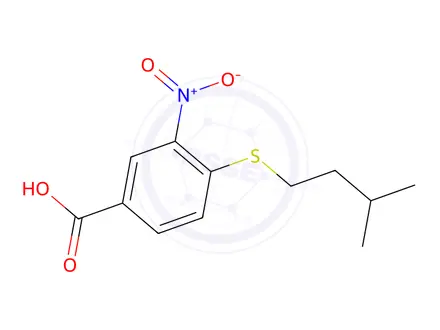 Chemical structure of 4-[(3-methylbutyl)sulfanyl]-3-nitrobenzoic acid