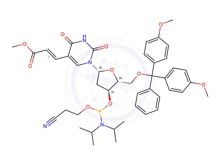 Chemical structure of Methyl 3-(1-((2R,4S,5R)-5-((bis(4-methoxyphenyl)(phenyl)methoxy)methyl)-4-(((2-cyanoethoxy)(diisopropylamino)phosphanyl)oxy)tetrahydrofuran-2-yl)-2,4-dioxo-1,2,3,4-tetrahydropyrimi