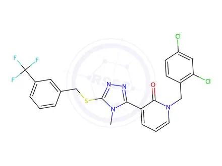 Chemical structure of 1-[(2,4-Dichlorophenyl)methyl]-3-[4-methyl-5-({[3-(trifluoromethyl)phenyl]methyl}sulfanyl)-4H-1,2,4-triazol-3-yl]-1,2-dihydropyridin-2-one