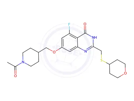 Chemical structure of 4(3H)-Quinazolinone, 7-[(1-acetyl-4-piperidinyl)methoxy]-5-fluoro-2-[[(tetrahydro-2H-pyran-4-yl)thio]methyl]-