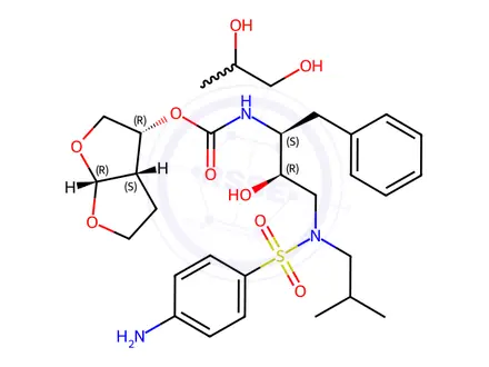 Chemical structure of Carbamic acid,N-[(1S,2R)-3-[[(4-aminophenyl)sulfonyl](2-methylpropyl)amino]-2-hydroxy-1-(phenylmethyl)propyl]-,(3R,3aS,6aR)-hexahydrofuro[2,3-b]furan-3-yl ester, compound with 1,2-propanediol