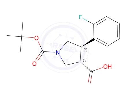 Chemical structure of Boc-(+/-)-trans-4-(2-fluorophenyl)pyrrolidine-3-carboxylic acid