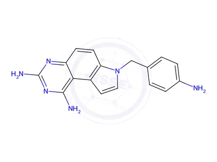 Chemical structure of 7-(4-Aminobenzyl)-7H-pyrrolo[3,2-f]quinazoline-1,3-diamine