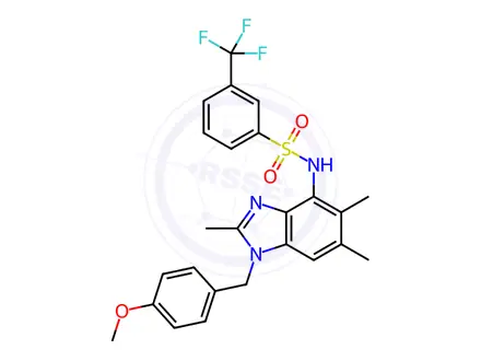 Chemical structure of N-(1-(4-methoxybenzyl)-2,5,6-trimethyl-1H-benzo[d]imidazol-4-yl)-3-(trifluoromethyl)benzenesulfonamide