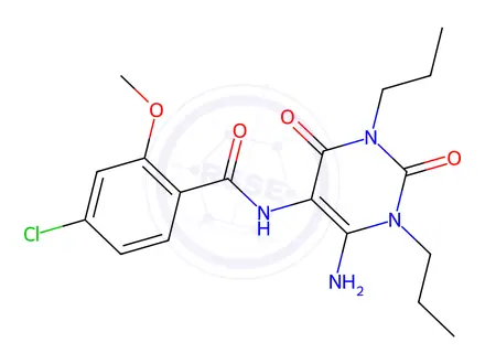 Chemical structure of N-(6-Amino-2,4-dioxo-1,3-dipropyl-1,2,3,4-tetrahydropyrimidin-5-yl)-4-chloro-2-methoxybenzamide