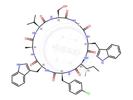 Chemical structure of (3S,6S,9S,12S,15S,18S,21S)-12,21-Bis((1H-indol-3-yl)methyl)-18-((S)-sec-butyl)-15-(4-chlorobenzyl)-3-(hydroxymethyl)-6-isopropyl-9-methyl-1,4,7,10,13,16,19,22-octaazacyclotetracosan-2,5,8,11,14,17,20,23-octaone