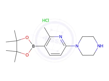 Chemical structure of 1-[6-Methyl-5-(tetramethyl-1,3,2-dioxaborolan-2-yl)pyridin-2-yl]piperazine hydrochloride