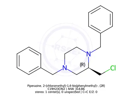 Chemical structure of Piperazine, 2-(chloromethyl)-1,4-bis(phenylmethyl)-, (2R)-