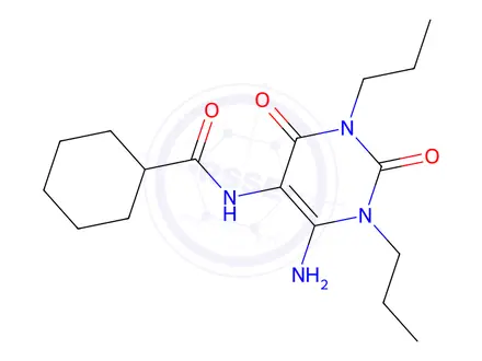 Chemical structure of Cyclohexanecarboxamide, N-(6-amino-1,2,3,4-tetrahydro-2,4-dioxo-1,3-dipropyl-5-pyrimidinyl)-
