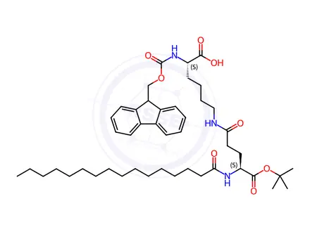 Chemical structure of (2S)-2-(9H-fluoren-9-ylmethoxycarbonylamino)-6-[[(4S)-4-(hexadecanoylamino)-5-[(2-methylpropan-2-yl)oxy]-5-oxopentanoyl]amino]hexanoic acid